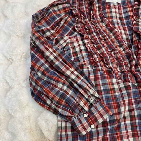THE GREAT. Ruffle Plaid Button Down Blouse - Picture 5 of 8